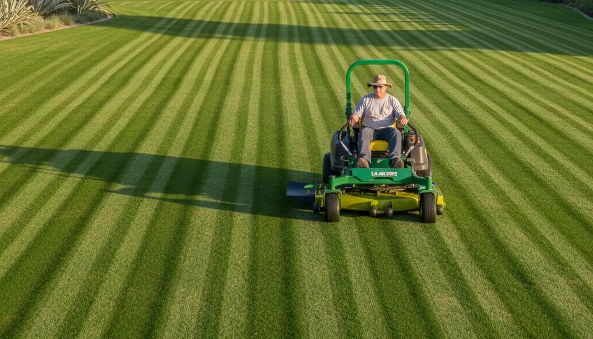 Professional landscaper mowing striped lawn with commercial mower in Los Angeles, CA